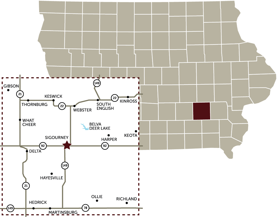 Map showing main communities and highways within Keokuk County, Iowa